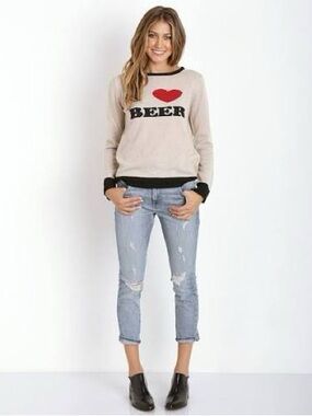 For Love And Lemons Beige Sweater with Red Heart Motif